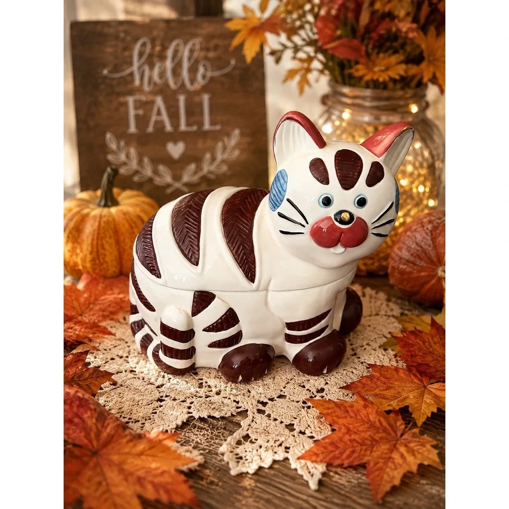 Vintage Style Ceramic Cat Cookie Jar Hand Painted Striped Kitten Kitsch Cream